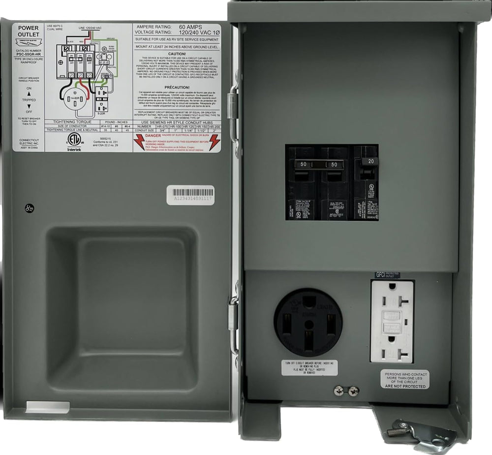 Connecticut Electric CESMPSC55GRHR 50A RV panel image showing rugged, reliable power at sites
