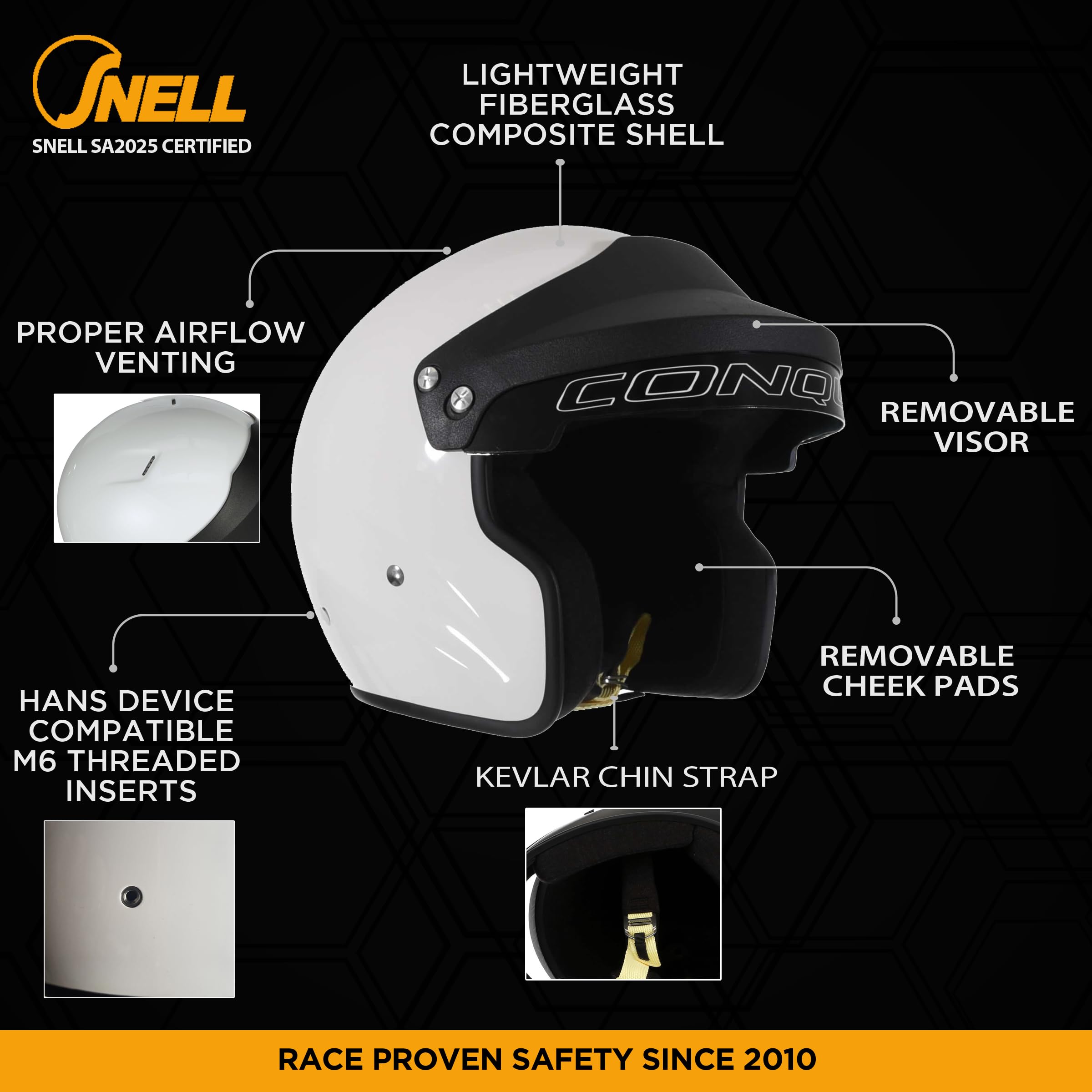 Conquer Snell SA2025 helmet side view showing sleek profile and secure fit