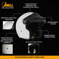 Conquer Snell SA2025 helmet side view showing sleek profile and secure fit