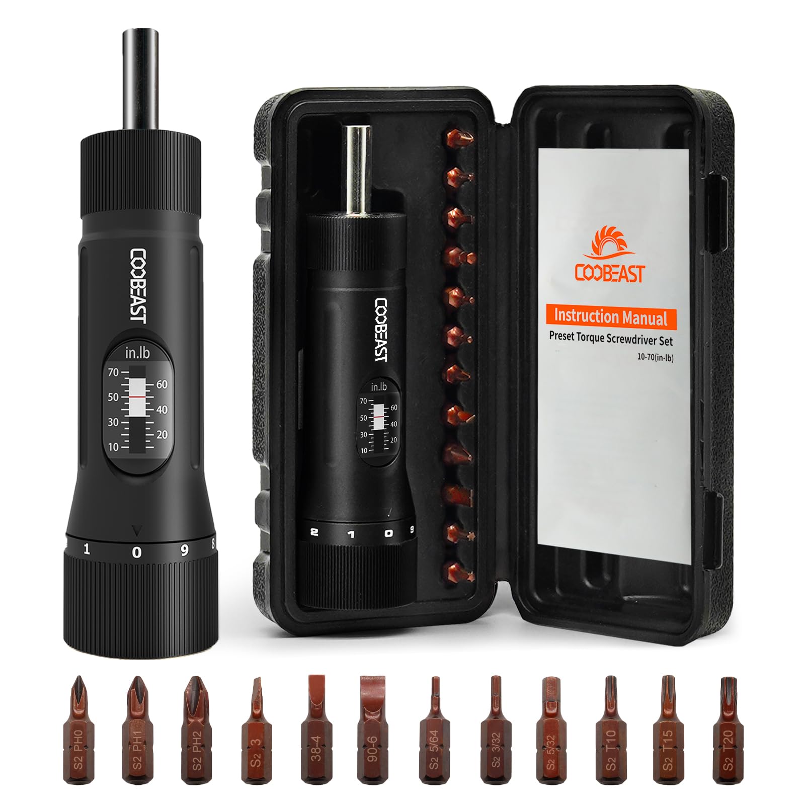coobeast front view case open showing organized torque screwdriver and bits for easy transport