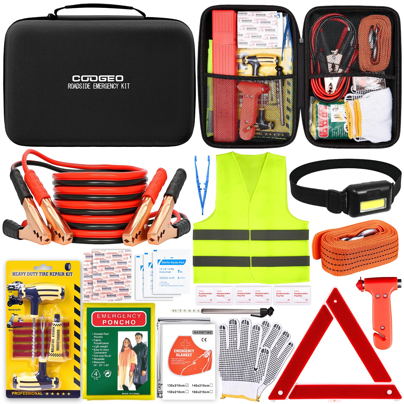 COOGEO 15pc car emergency kit in a black bag for roadside safety and readiness