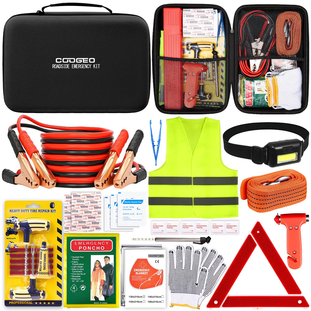 COOGEO 15pc car emergency kit in a black bag for roadside safety and readiness