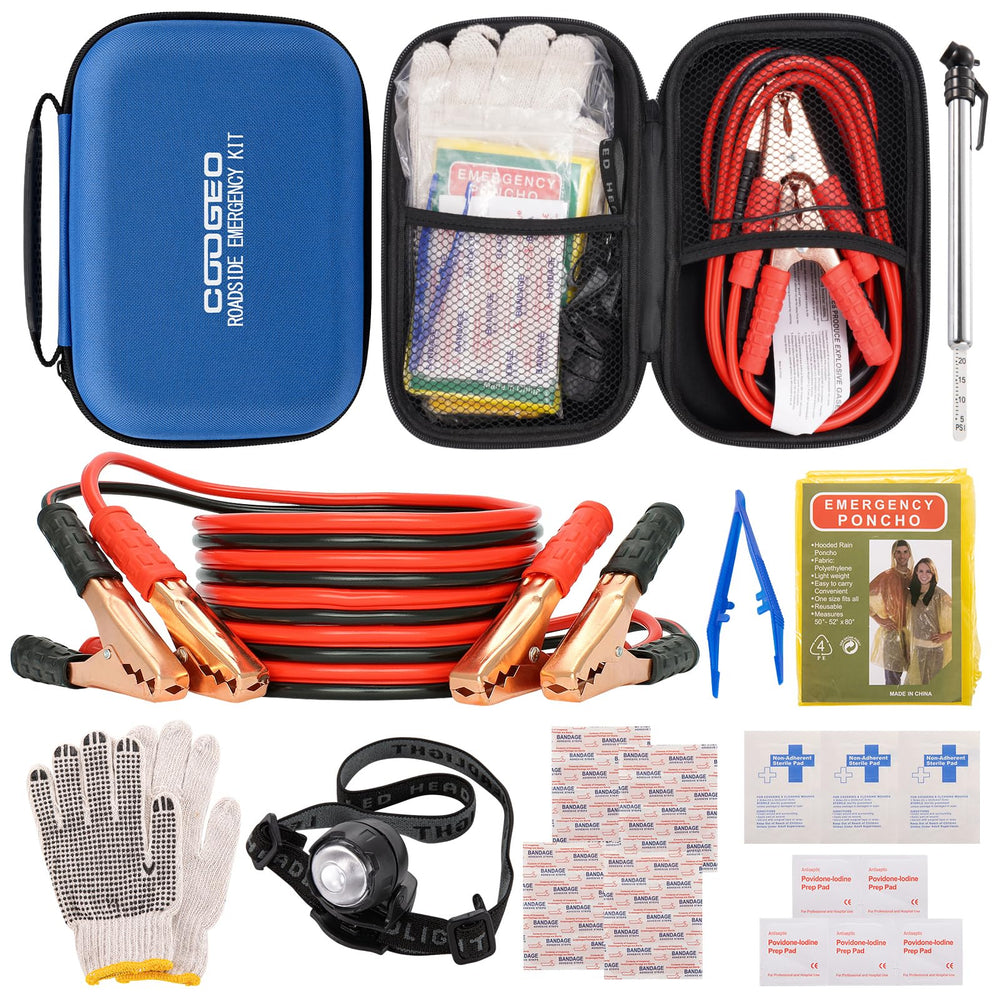 COOGEO car emergency kit in blue bag for roadside safety and quick access