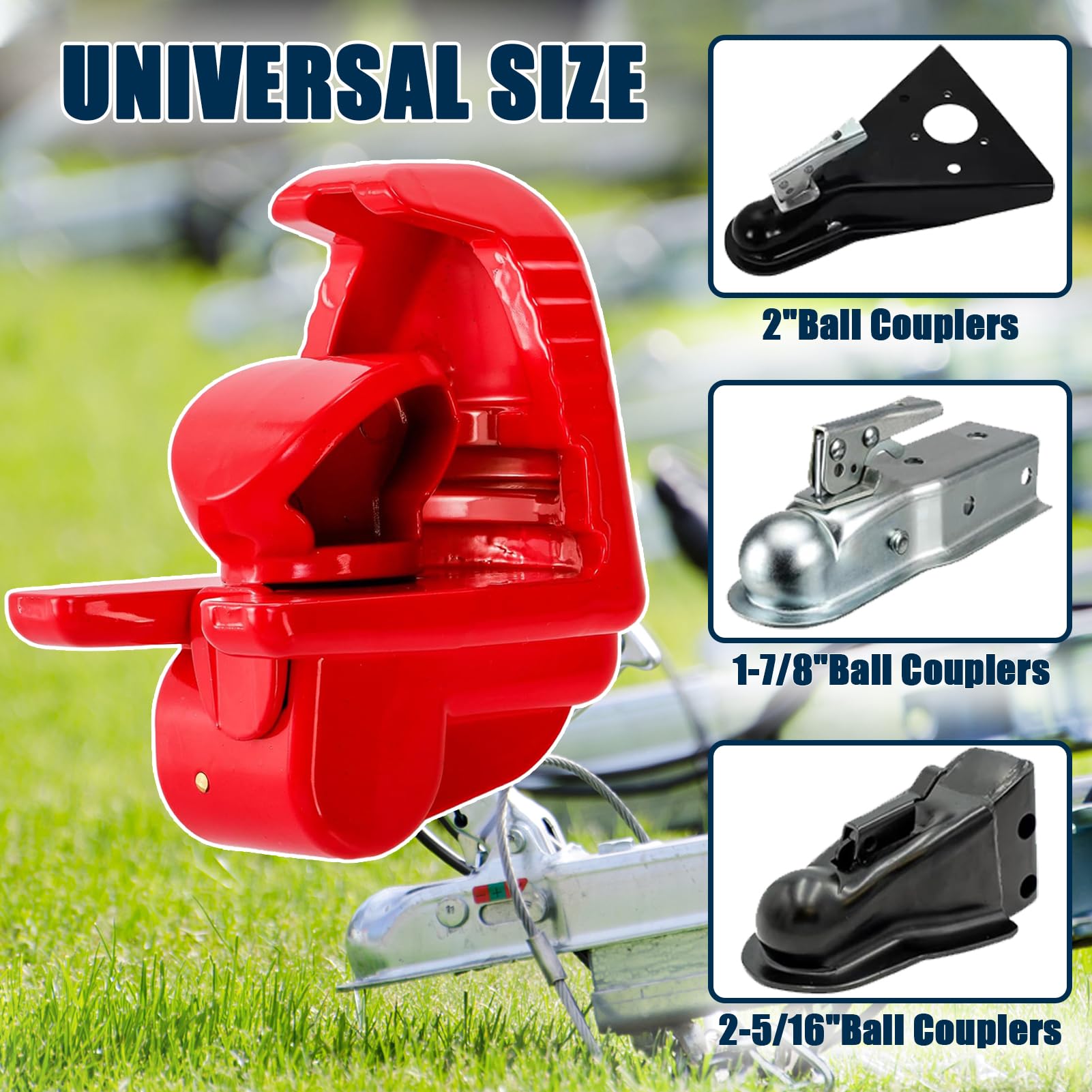 COOHAME trailer hitch lock red for 2 inch ball; quick, secure locking solution.