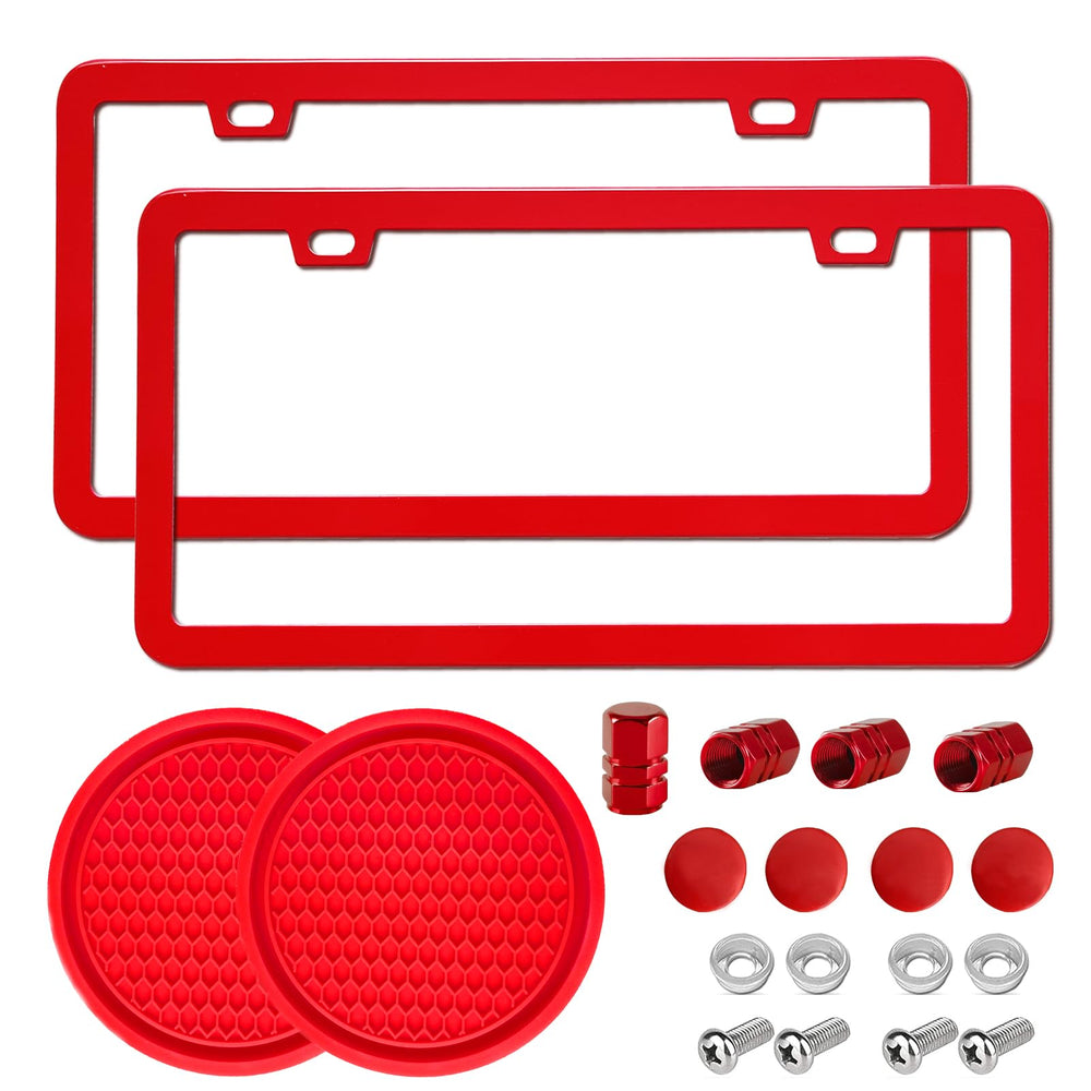 Copvner 2-pack red aluminum license plate frame on a car front for rust-free protection.