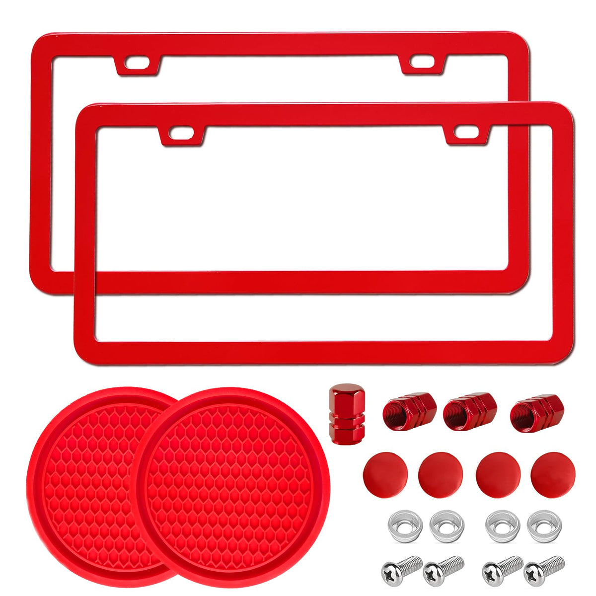 Copvner 2-pack red aluminum license plate frame on a car front for rust-free protection.