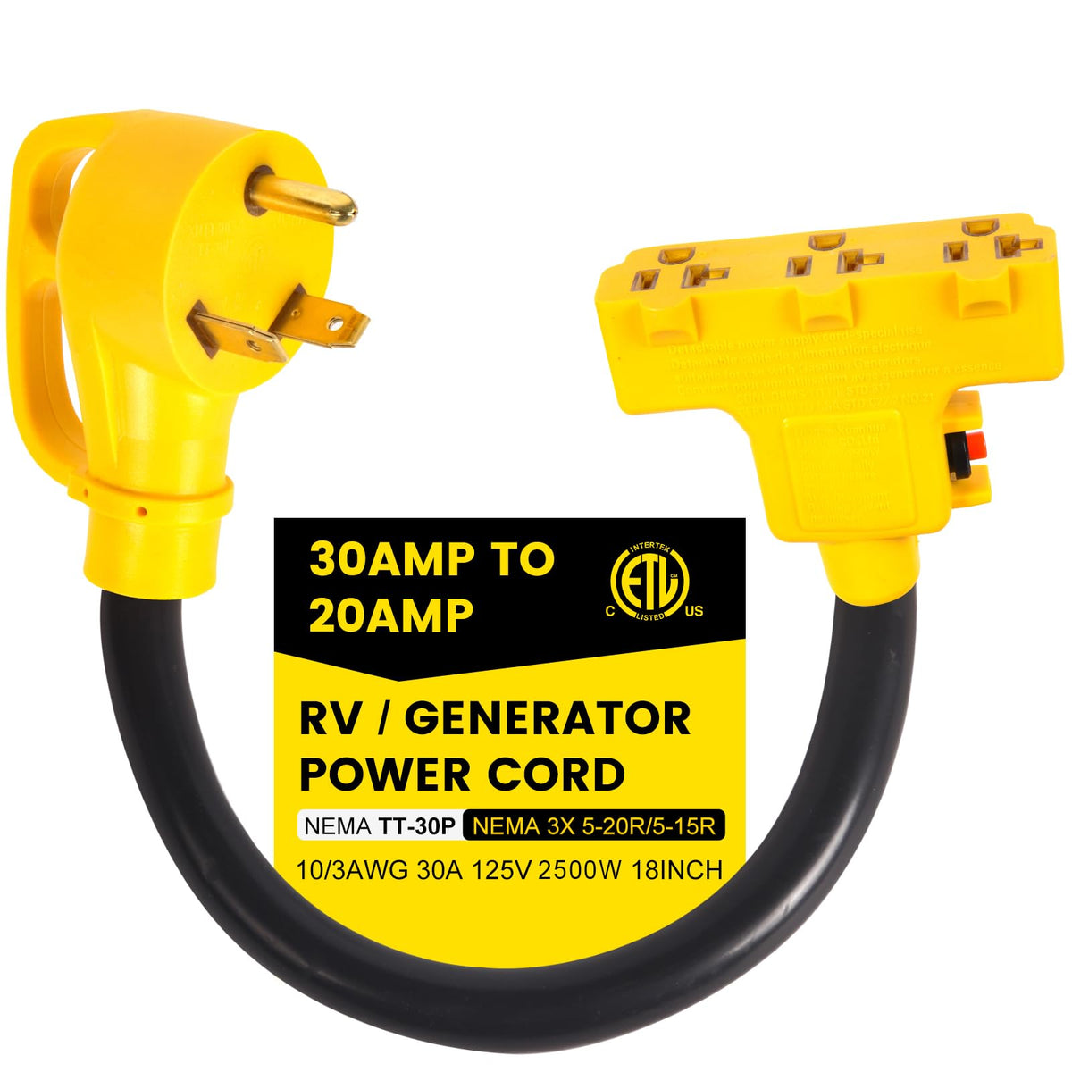 CordmitPro 30A to 110V adapter with triple outlets for RV and campsite power.