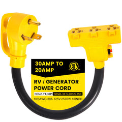 CordmitPro 30A to 110V adapter with triple outlets for RV and campsite power.