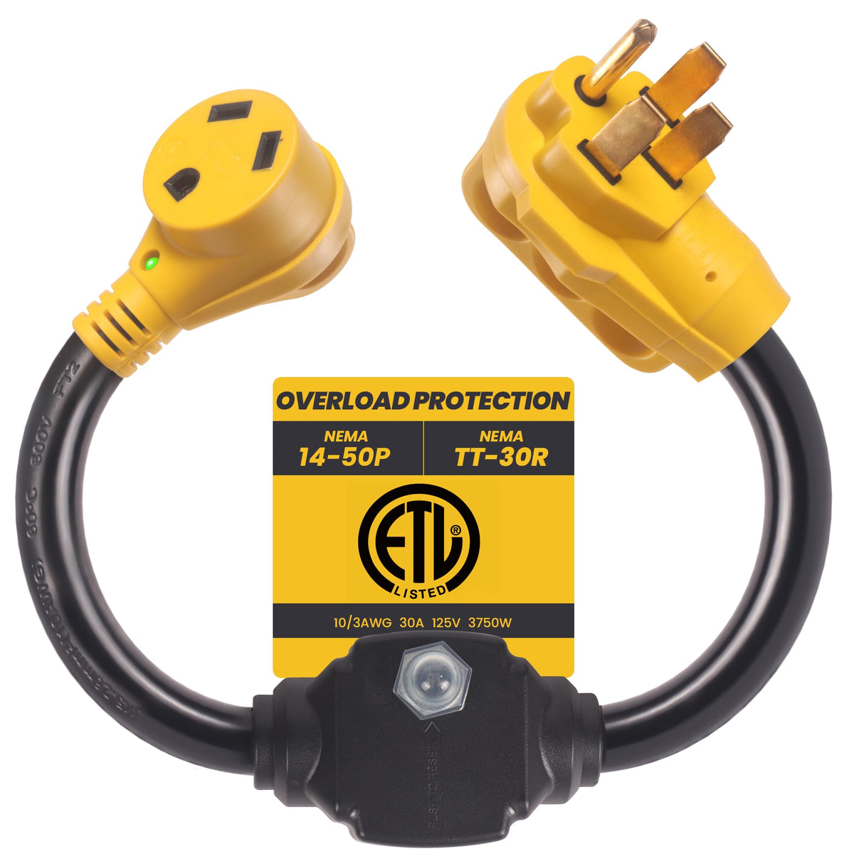 CORDMITPRO overload protector connected to outdoor RV outlet enabling safe 50A to 30A power