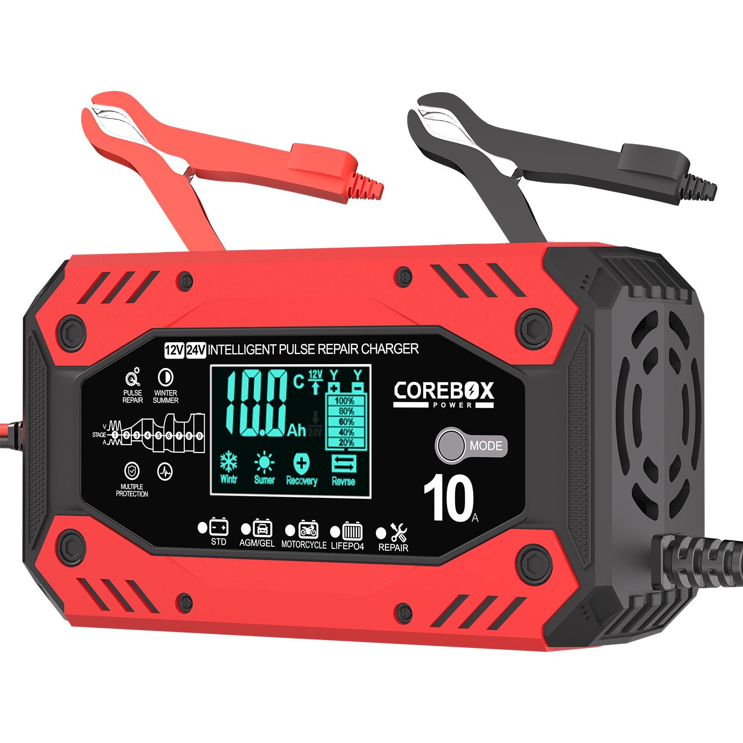 COREBOX battery charger with LCD display enabling fast 12V/24V charging.