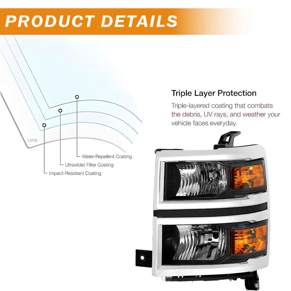 Corkiauto Silverado 1500 headlights close-up of seal and lens durability.