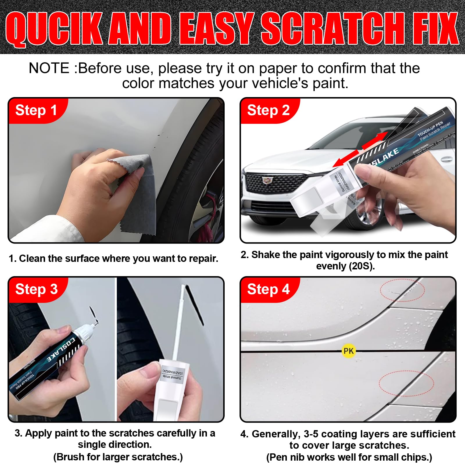 COSLAKE 12ml touch up paint covers about 0.08 m² on Cadillacs