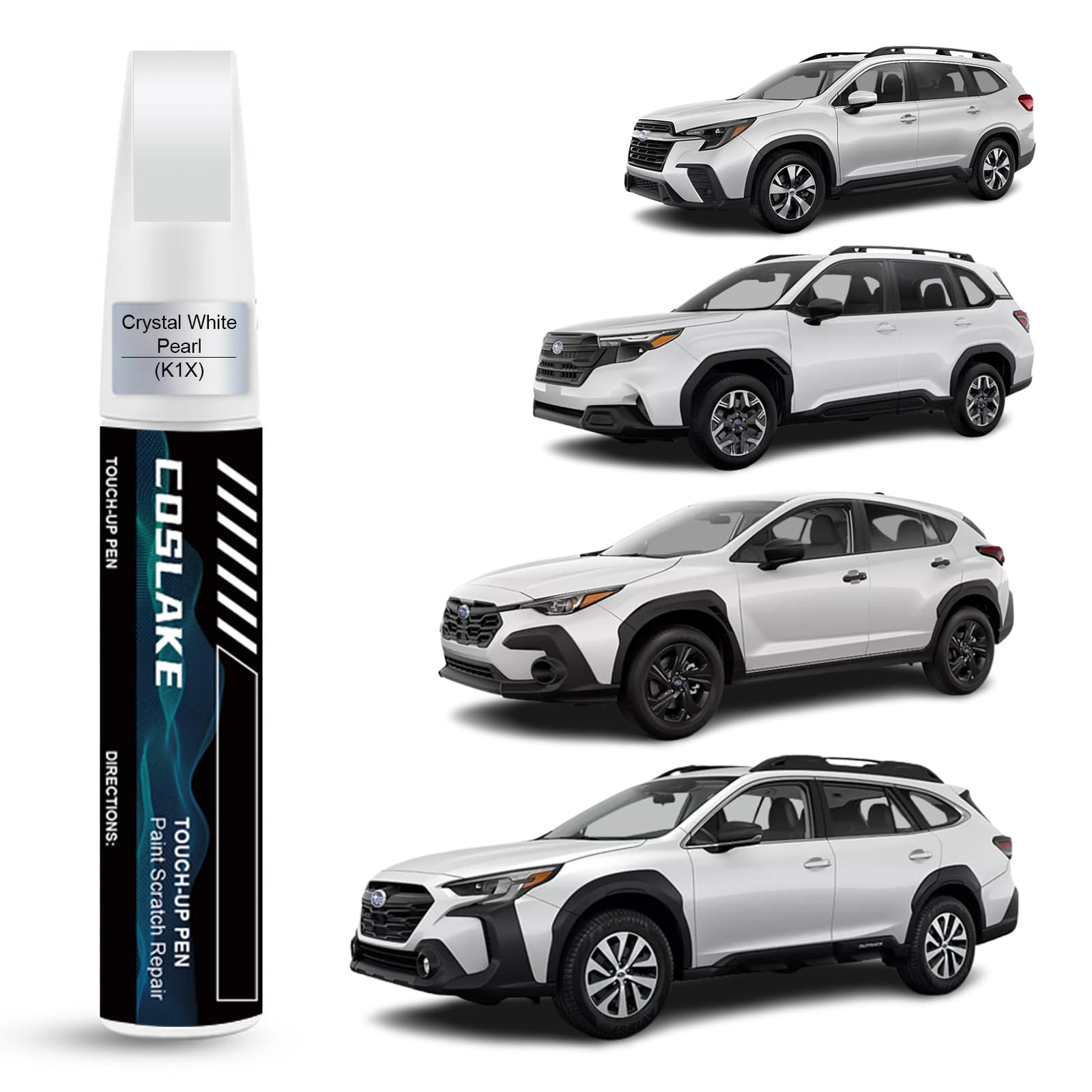 COSLAKE Crystal White Pearl K1X scratch remover pen for Subaru, precise color-matching touch-ups.