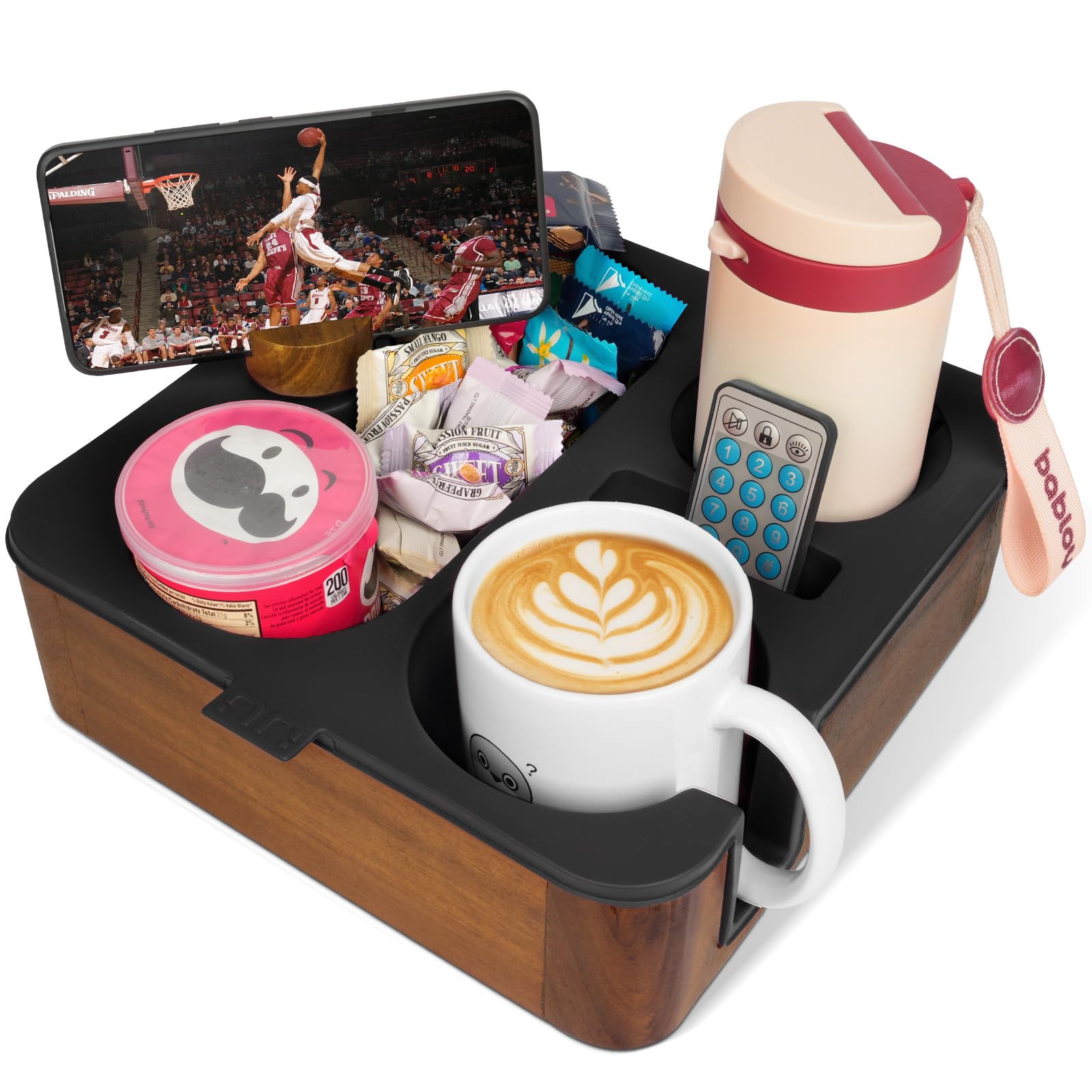 Couch Buddy acacia wood tray holds snacks and drinks on the sofa for easy reach