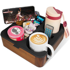 Couch Buddy acacia wood tray holds snacks and drinks on the sofa for easy reach