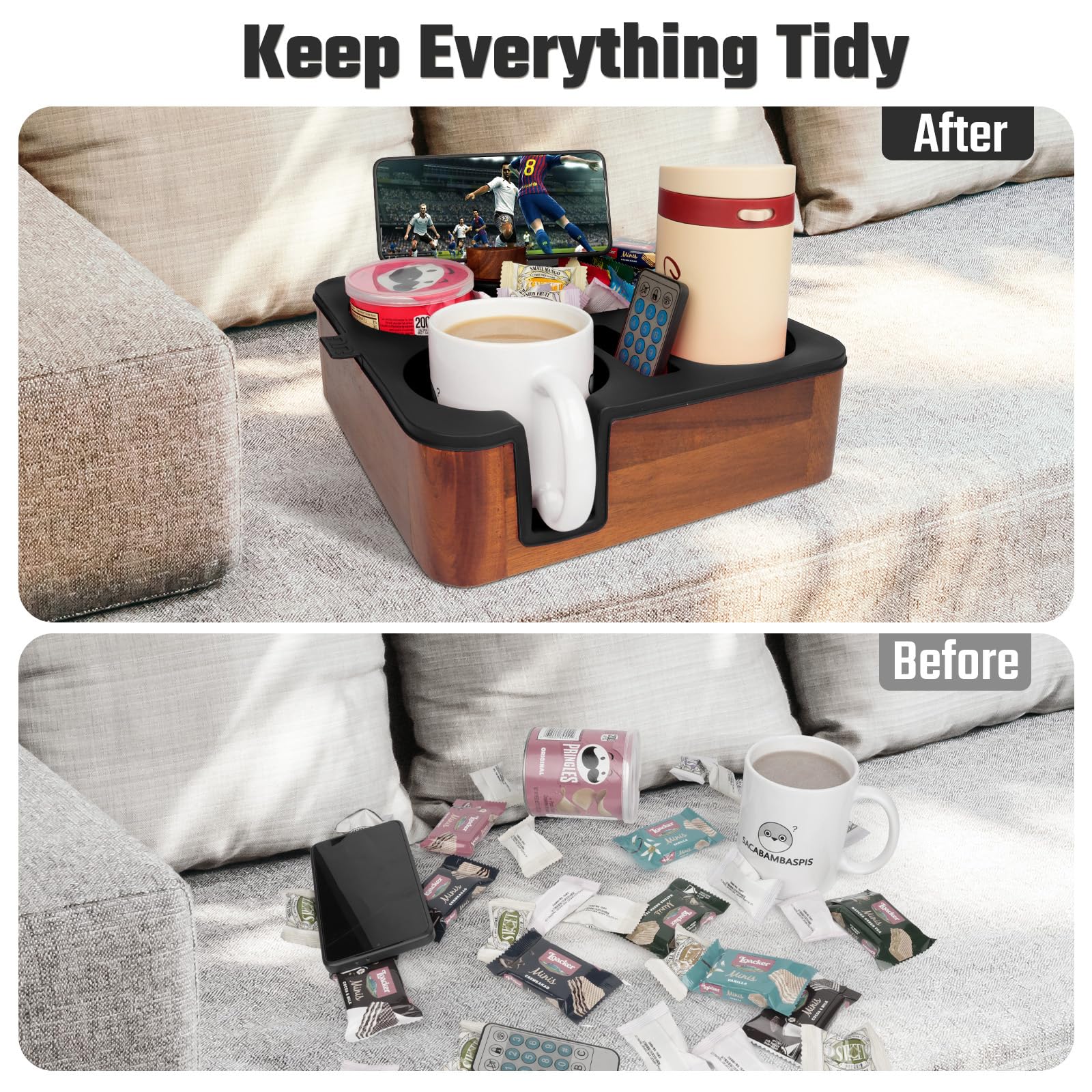 Couch Buddy universal mug slot fits various cup sizes with ease
