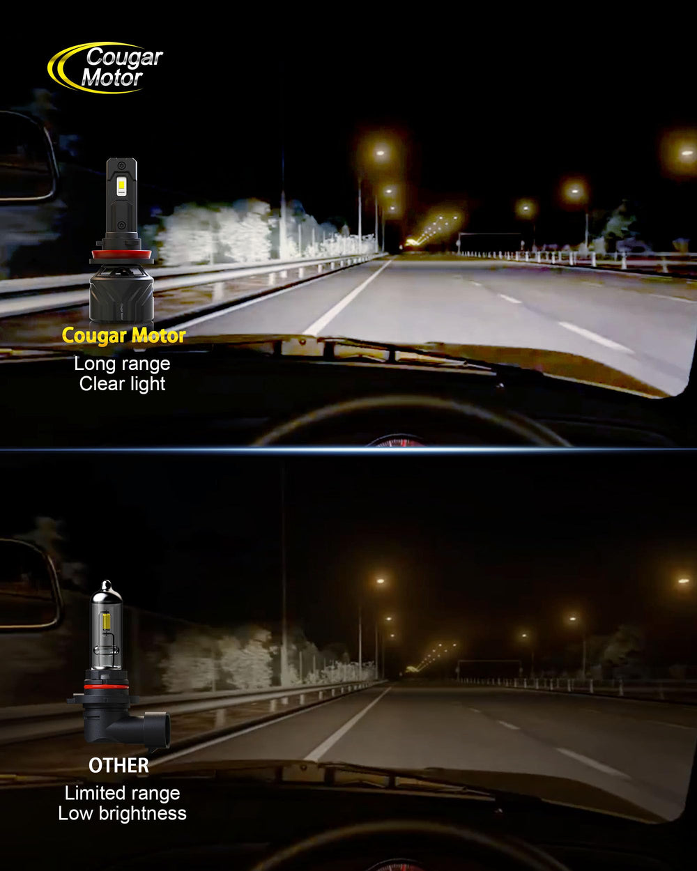 Cougar Motor 9005 H11 fog light glow at 6500K improving night visibility
