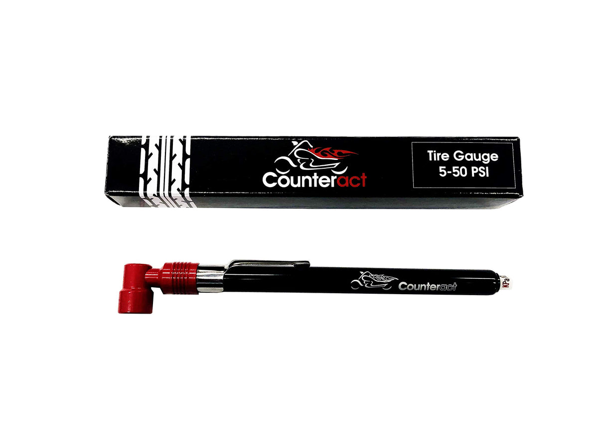 Counteract MKPG-D analog tire gauge with 90-degree head for hard-to-reach motorcycle valves.
