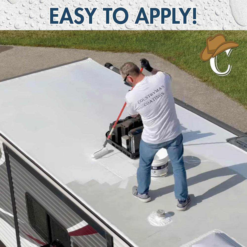 Countryman Coatings silicone roof coating rolled onto RV roof for sealed protection.
