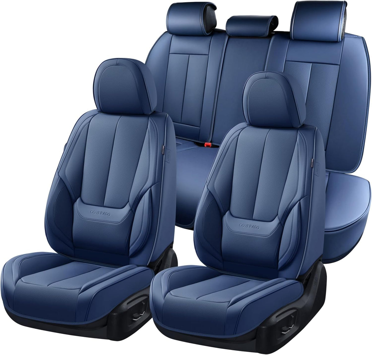 Coverado blue leather seat covers on the front seats offering luxury protection and easy cleaning.
