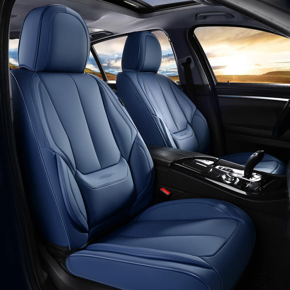 Coverado blue leather seat covers on the rear seats protect against spills and pet hairs.