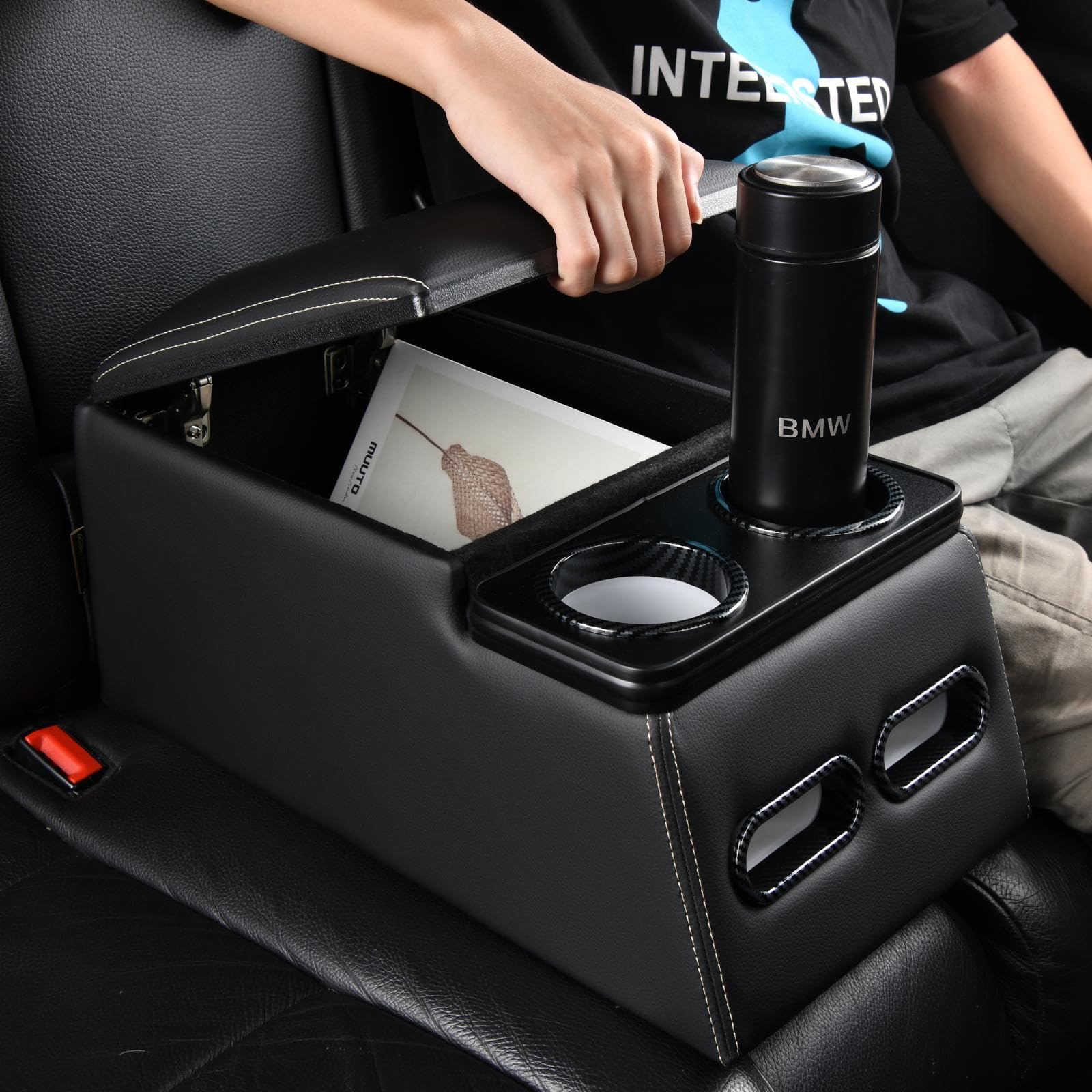 Coverado car organizer with cup holder for easy access on the road.