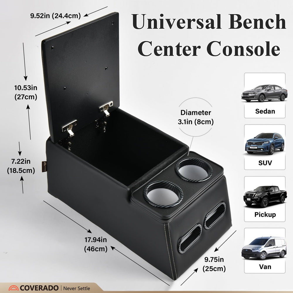 Coverado universal-fit console adapts to most vehicles.