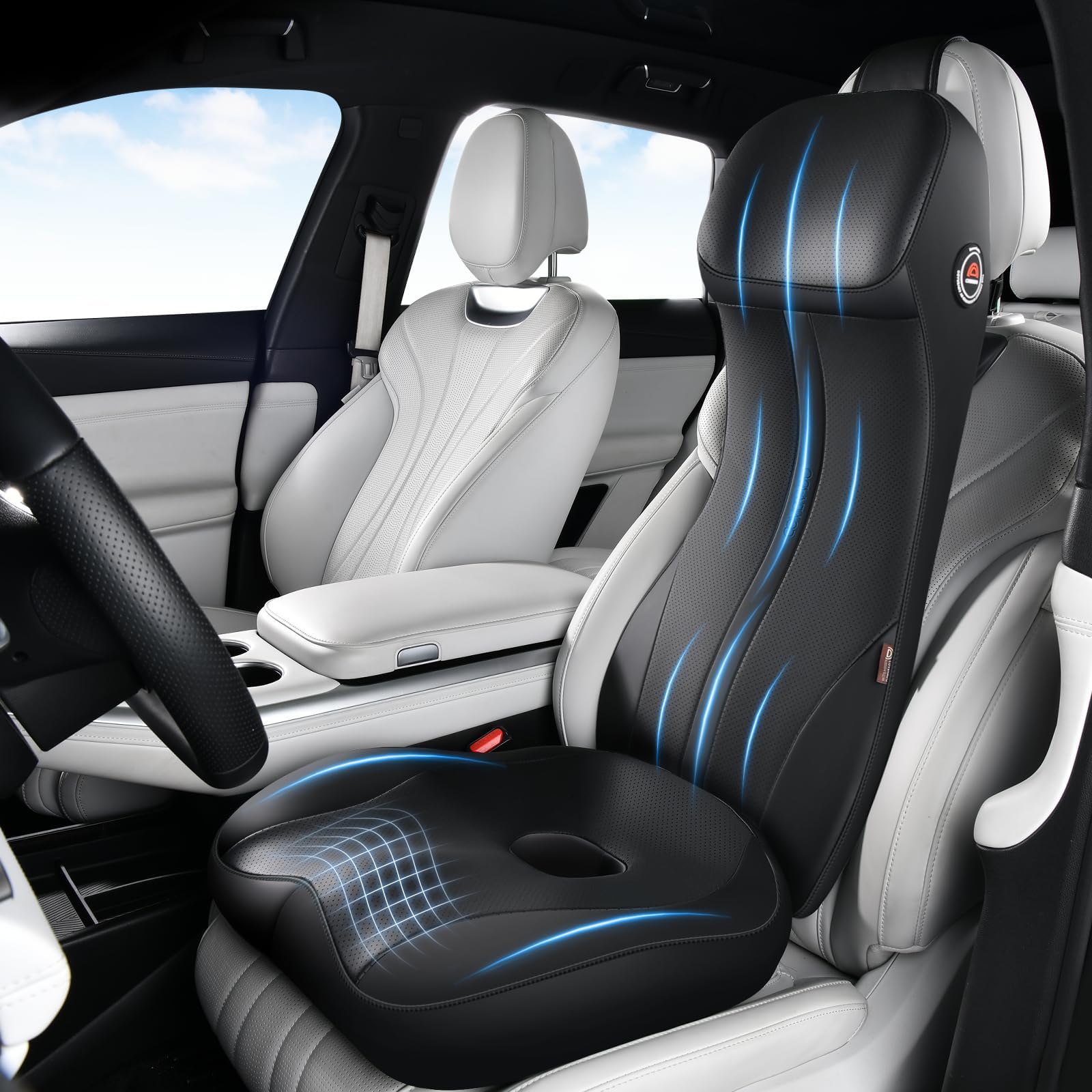 Coverado all-in-one car seat cushion and lumbar headrest for longer drives.