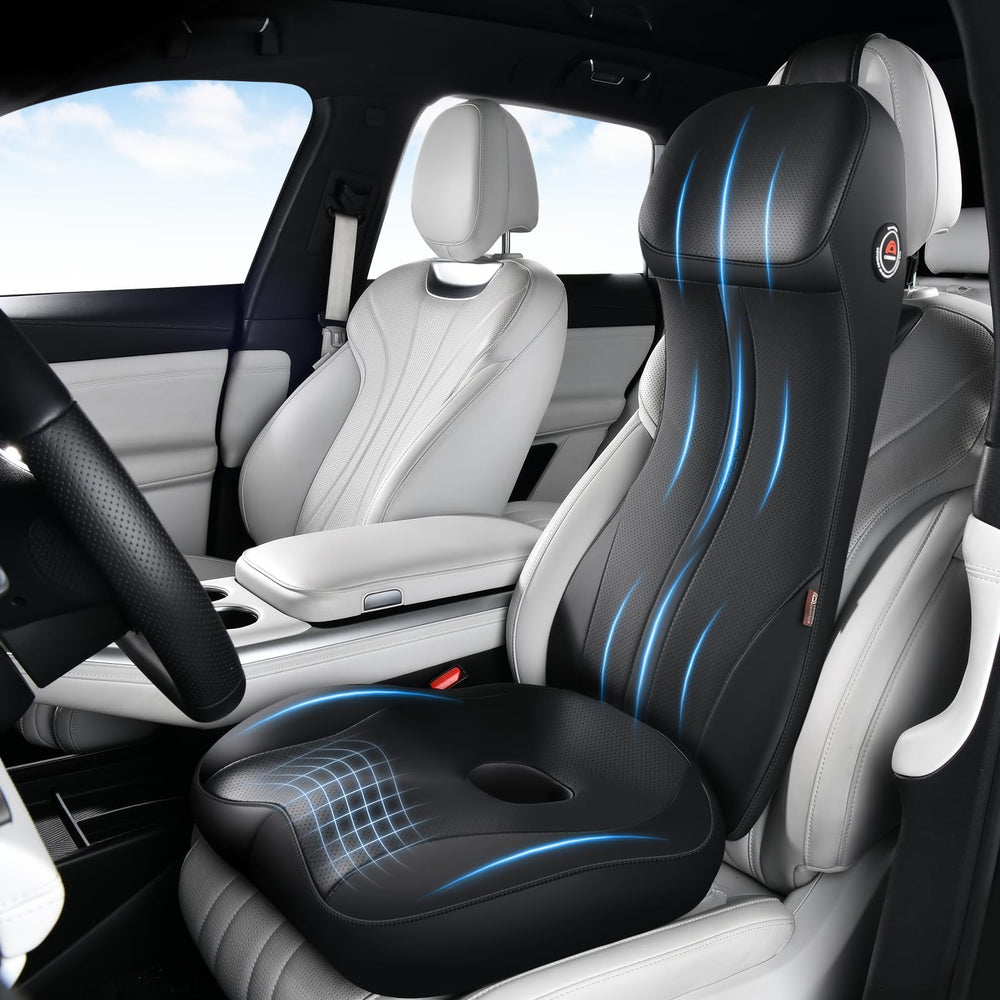 Coverado all-in-one car seat cushion and lumbar headrest for longer drives.
