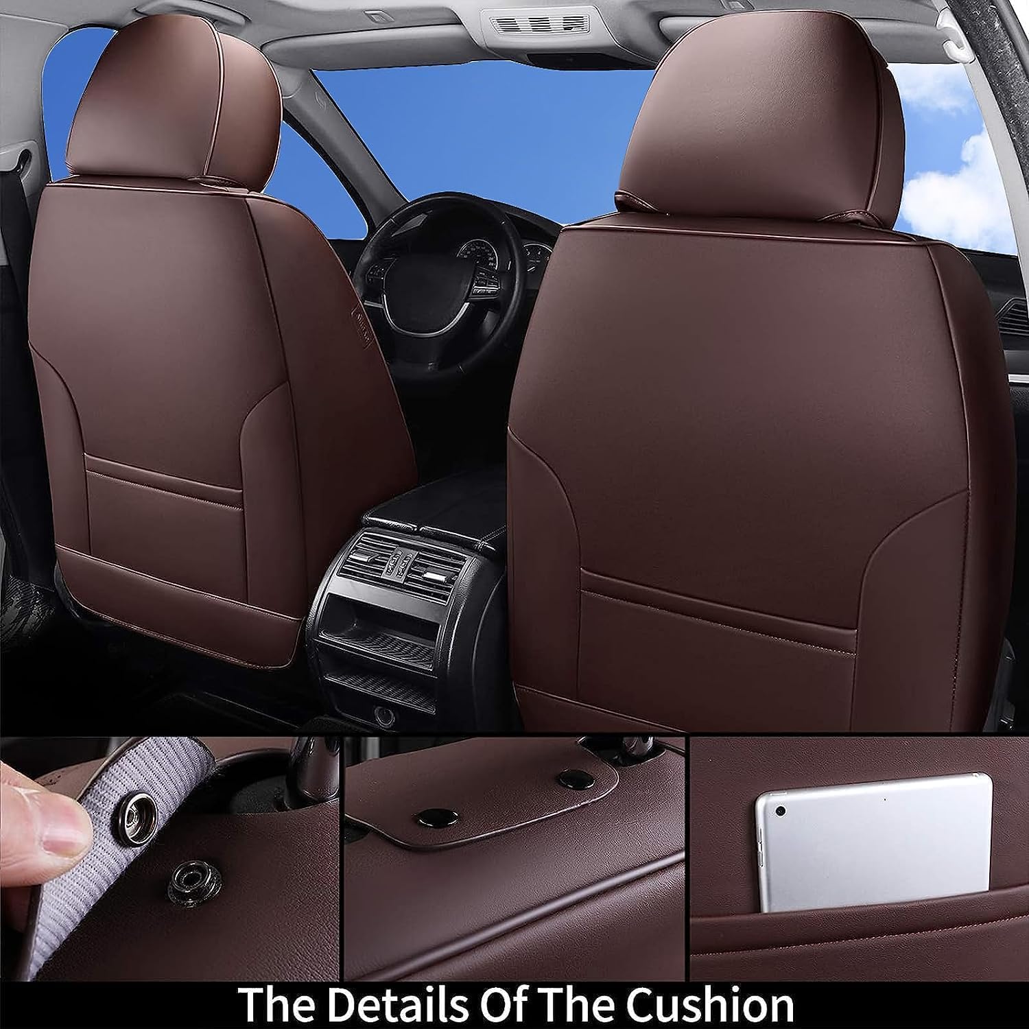Coverado easy-installation seat covers with chuck and hook.