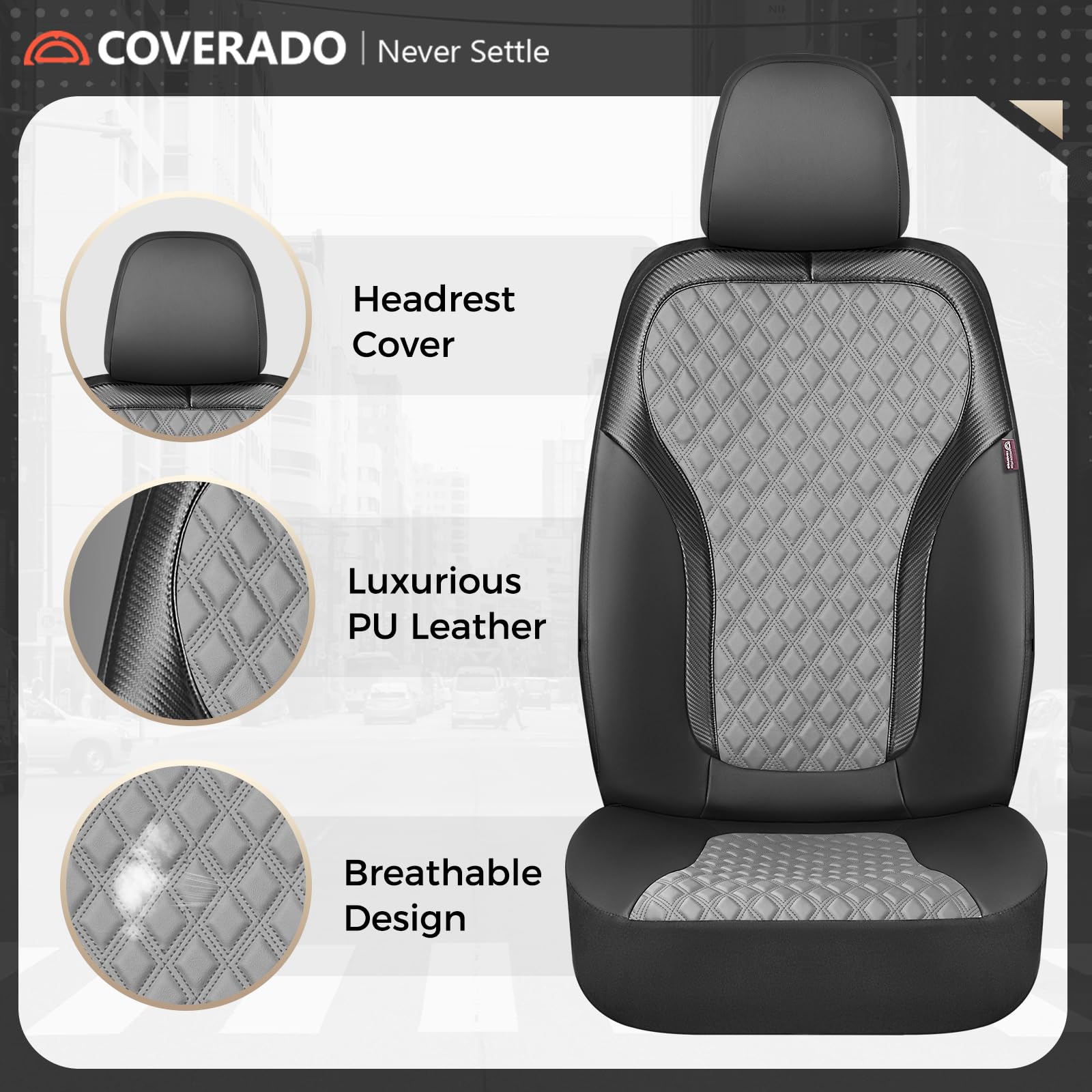 Coverado seat cover maintains access to airbags and controls with separate headrest covers.