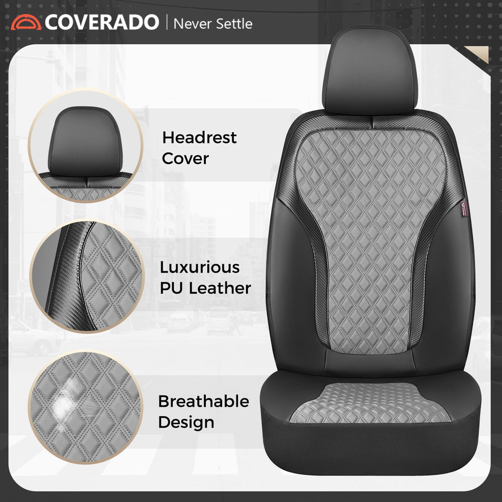 Coverado seat cover maintains access to airbags and controls with separate headrest covers.