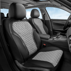 Coverado front seat cover with diamond pattern and carbon fiber weave for protected elegance.