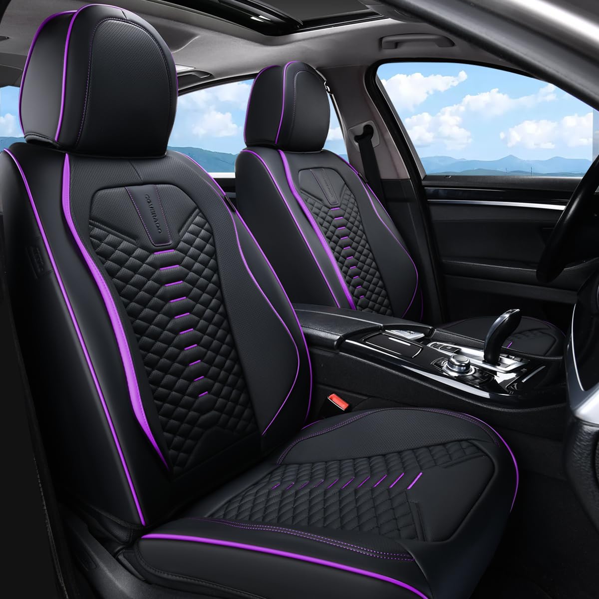 Coverado front seat cover in Nappa leather with black-purple accents protects against spills.