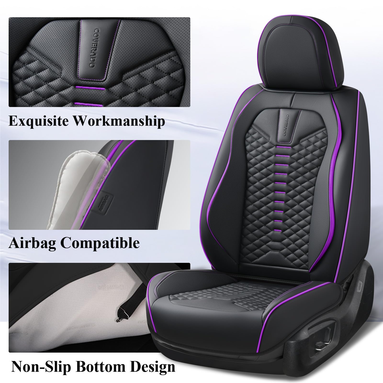 Coverado front seat cover shows detailed stitching for premium feel.