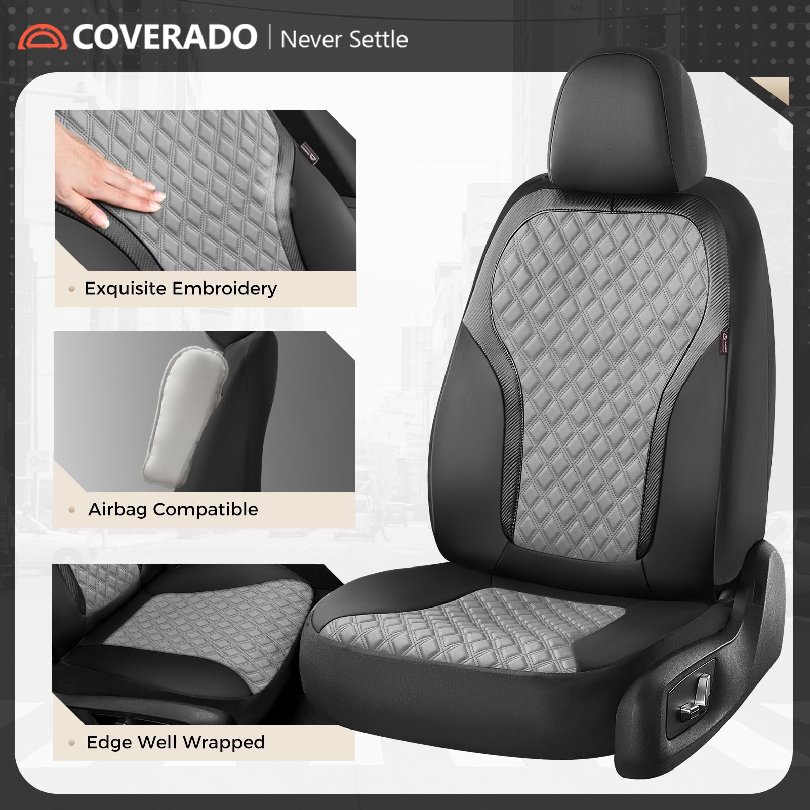 Coverado universal fit front seat cover designed for sedans and SUVs.