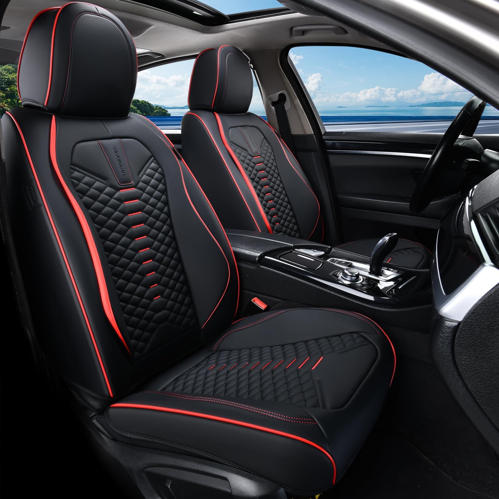 Coverado front seat covers in black and red protect upholstery while adding style