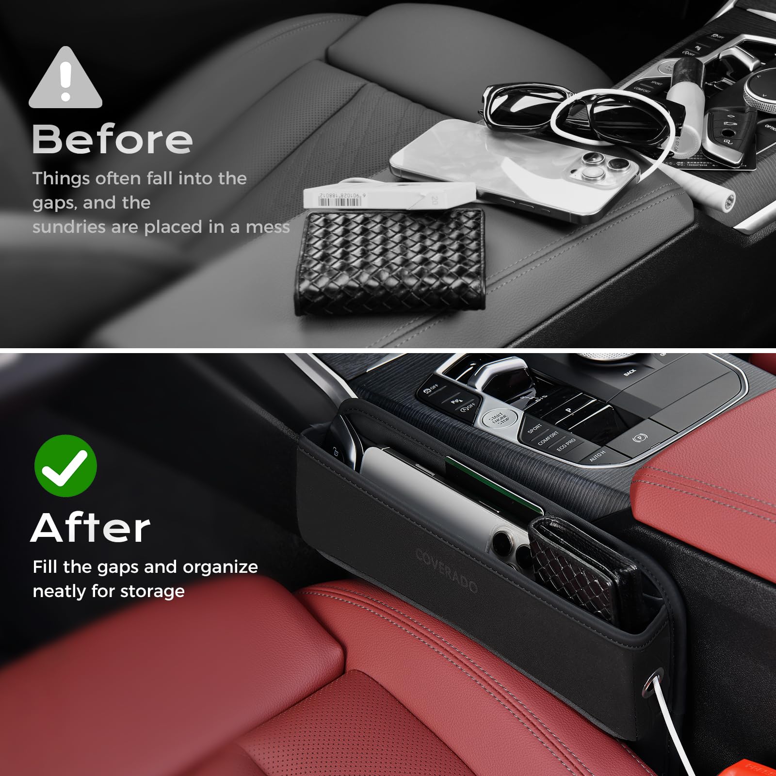 Coverado gap filler holds phone and keys to prevent drops