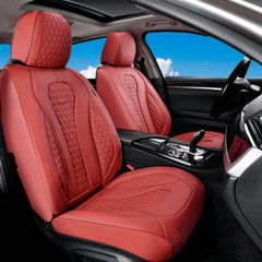 Coverado leather red front seat cover adds luxury protection.