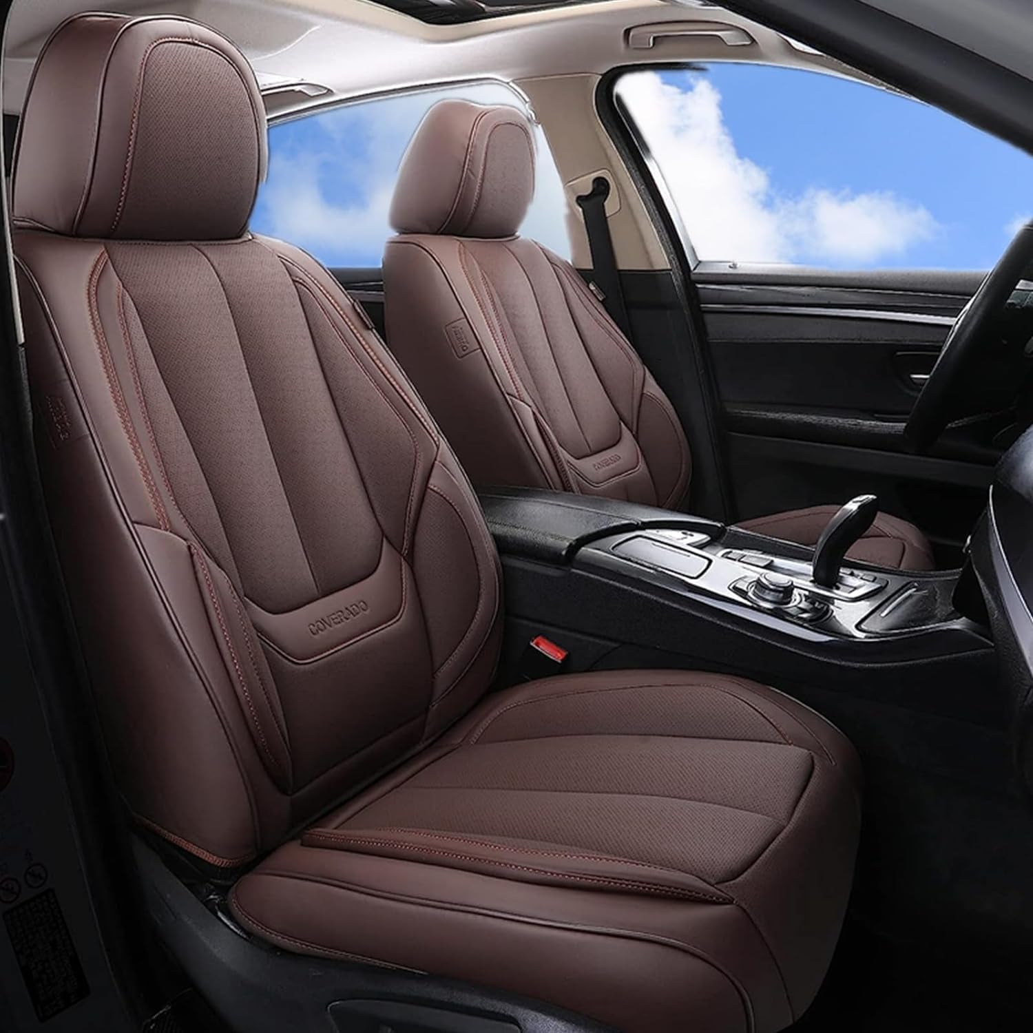 Coverado leather front seat cover with luxury finish.