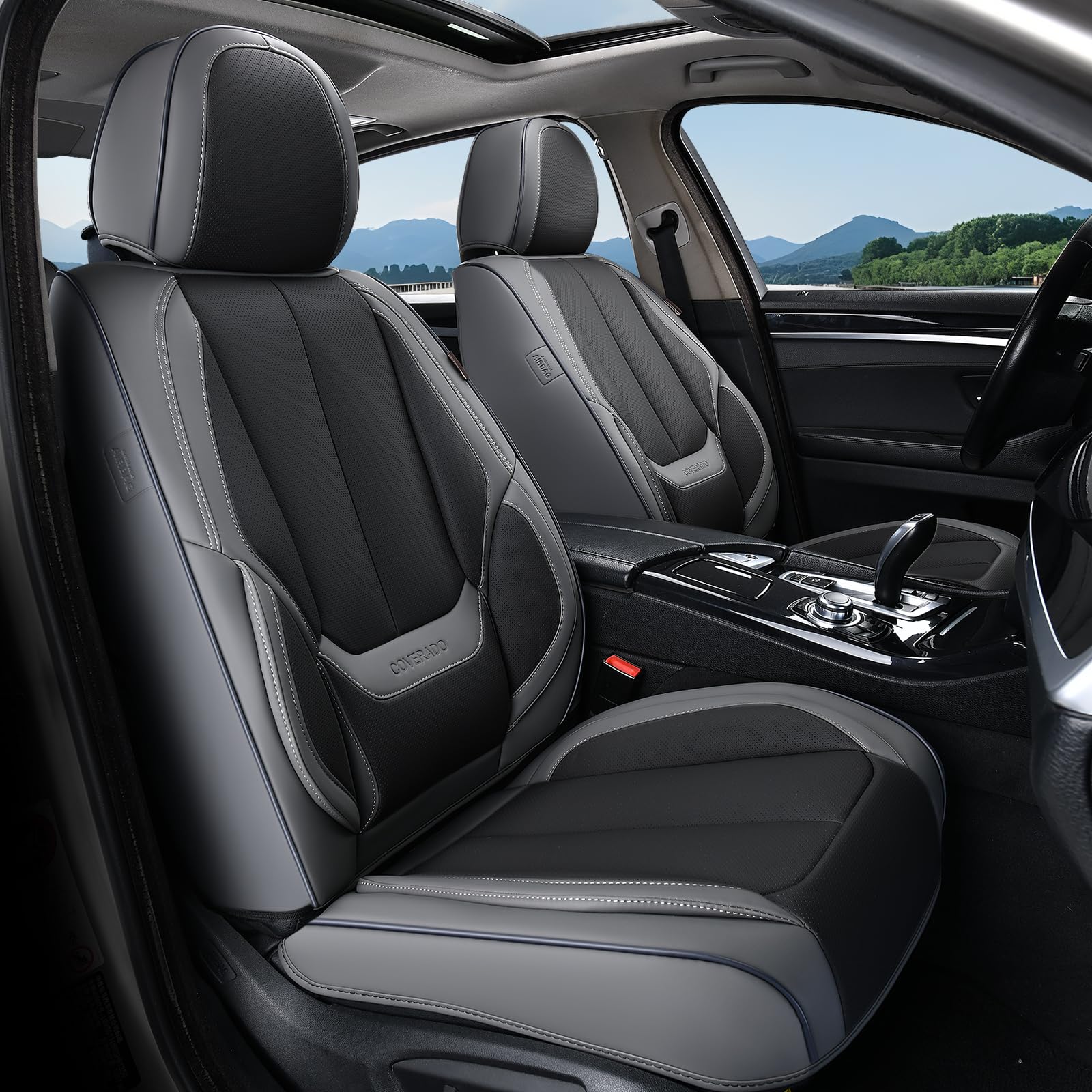 Coverado leather seat covers front seats close-up showing premium Nappa feel