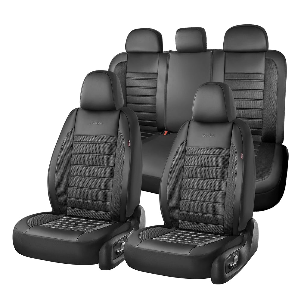 Coverado luxury leather seat covers front view with snug fit and premium stitching.