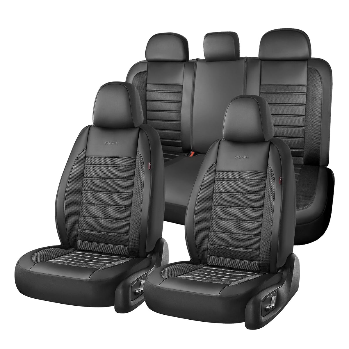 Coverado luxury leather seat covers front view with snug fit and premium stitching.