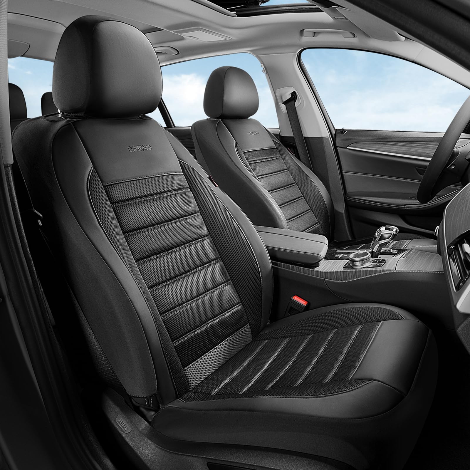 Coverado luxury leather seat covers rear view showing full set compatibility.