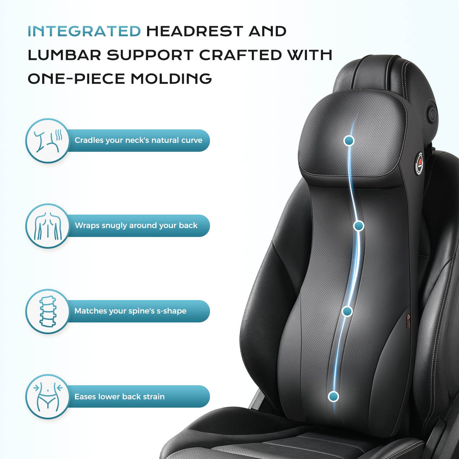 Coverado one-piece back support provides continuous neck and lower-back comfort.