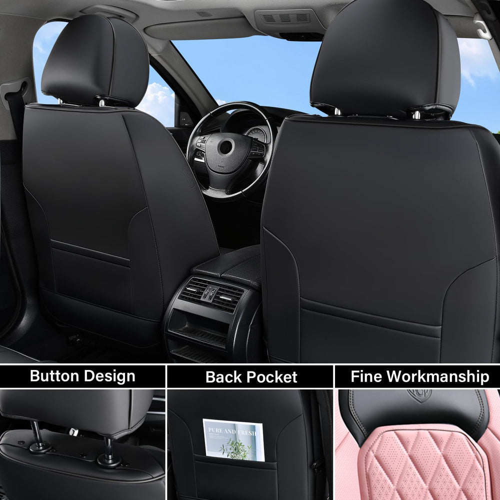 Coverado pink and black seat covers highlight interior style while guarding against spills.