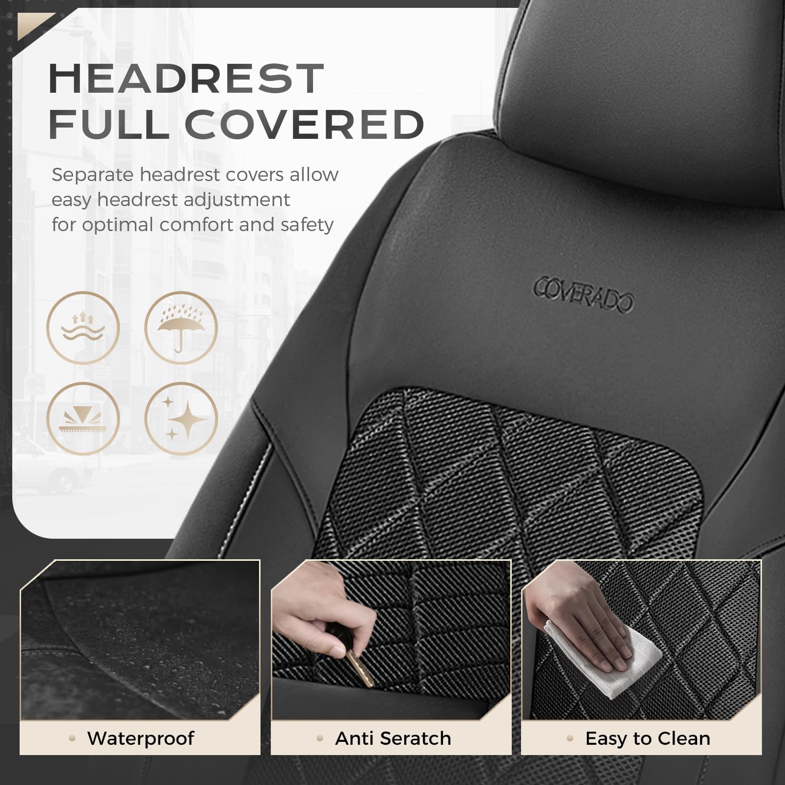 Coverado waterproof-leather-finish emphasizes durable surface and easy maintenance.