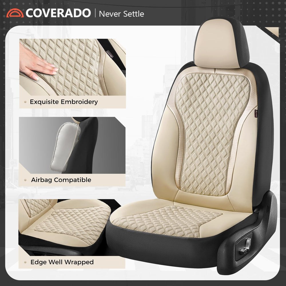 Coverado waterproof beige seat covers protect upholstery from spills and stains.