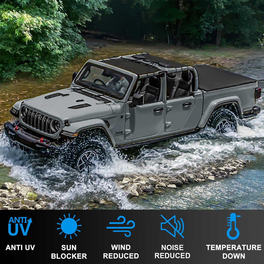 Coverspec Jeep Gladiator sun shade rear view blocks sun while preserving visibility