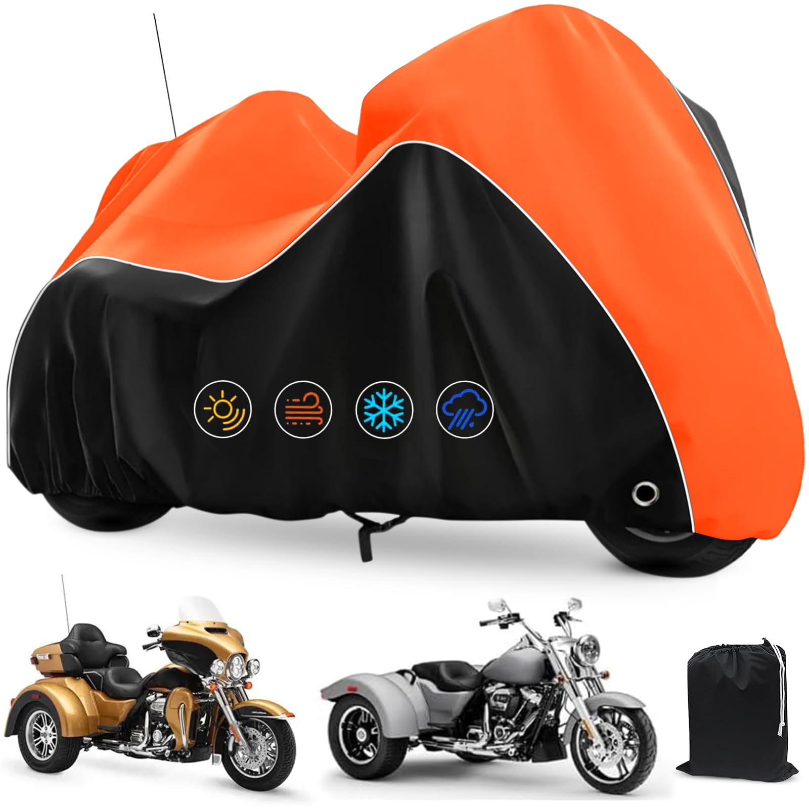 CovERVIN trike cover with antenna opening protects Harley Freewheeler from rain.